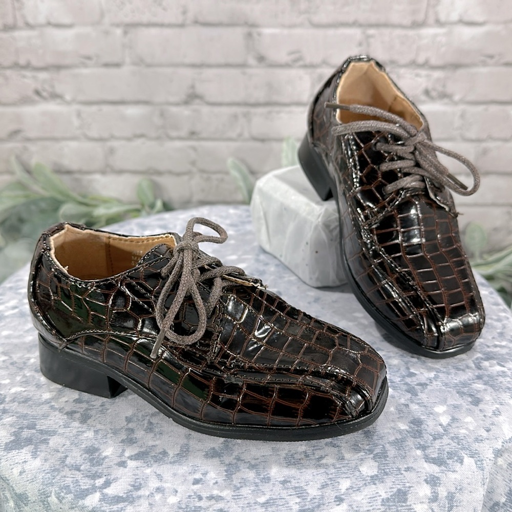 Josmo Brown Patent Crocodile Square Toe Lace-up Dress Shoes Boys 7M🌟VGUC🌟